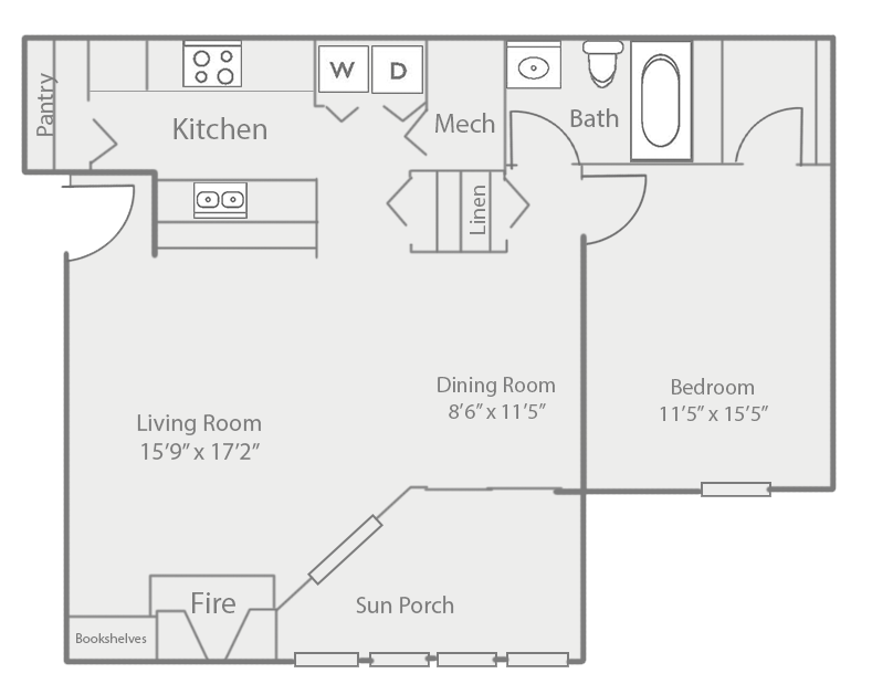 Floor plan for 1 bed, 1 bath, 940 sqft